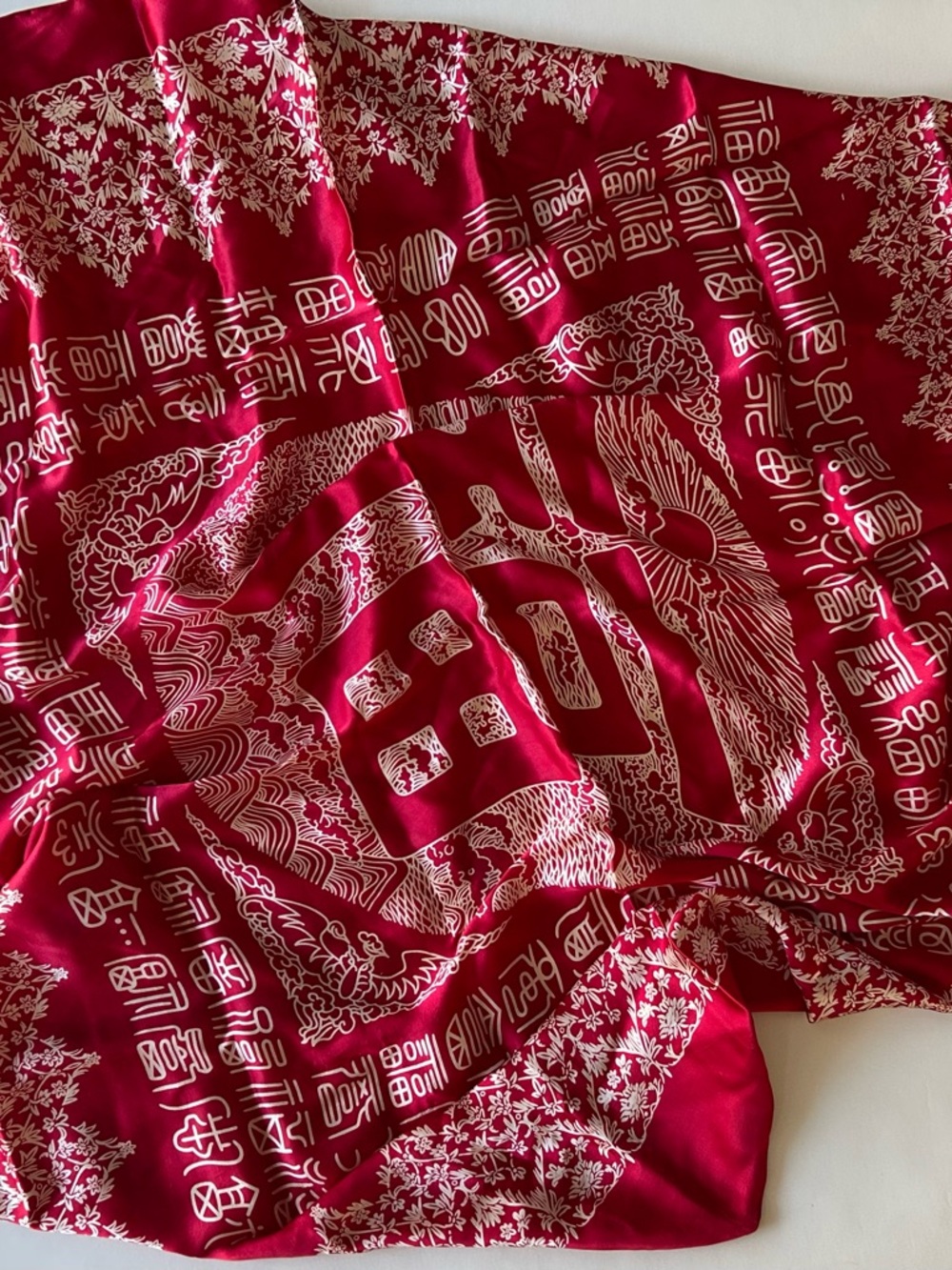 HUALI Vibrant Red Silk Scarf with White Floral and Symbol Print vintage